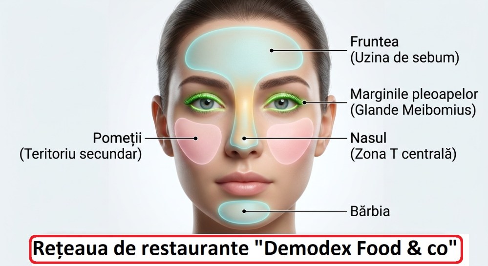 Harta sebumului pe fata si Zona T reprezentand zonele de hranire ale parazitului Demodex folliculorum si brevis.