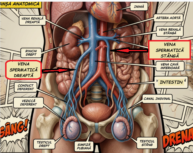 Grafica anatomica explicativa cu diferenta de varsare dintre vena spermatica dreapta si vena spermatica stanga la unghi de 90 de grade