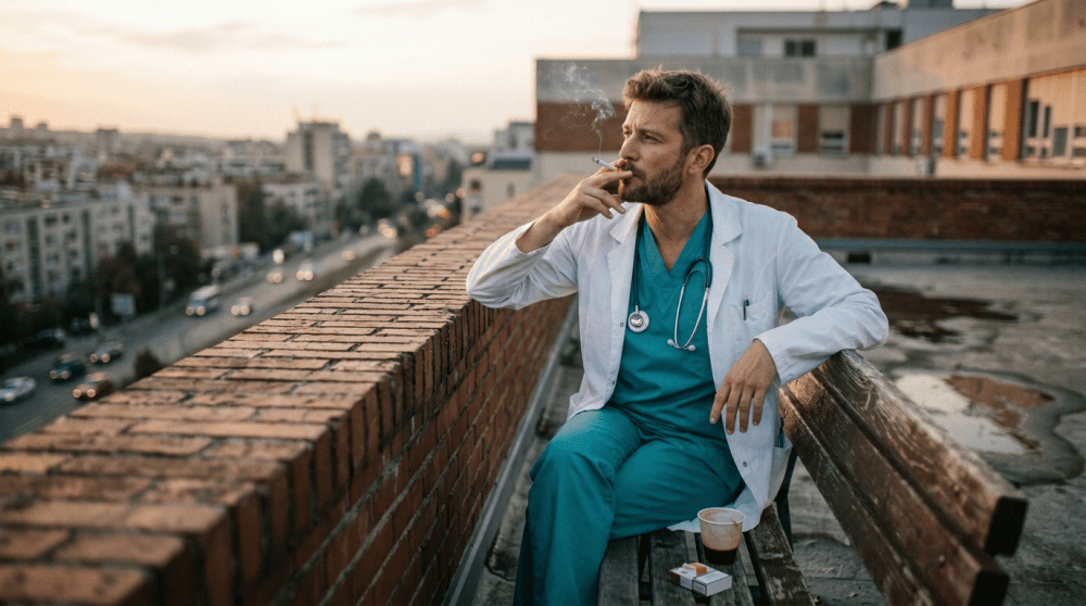 Female doctor in scrubs and white coat smoking cigarette on rooftop bench