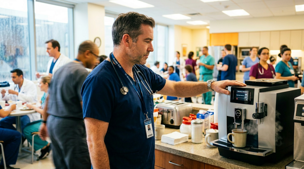 Healthcare worker operating coffee machine in hospital break room