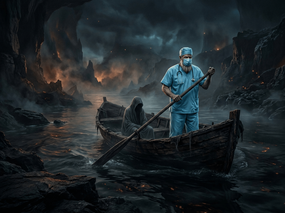 Hooded ferryman rowing a wooden boat with cloaked passengers on a dark river surrounded by rocky cliffs and glowing embers
