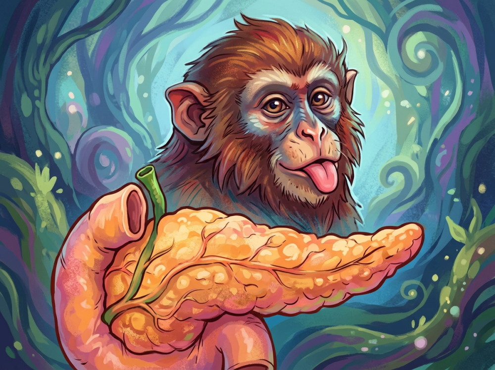 Cartoon monkey holding a large bumpy orange fruit and sticking out its tongue