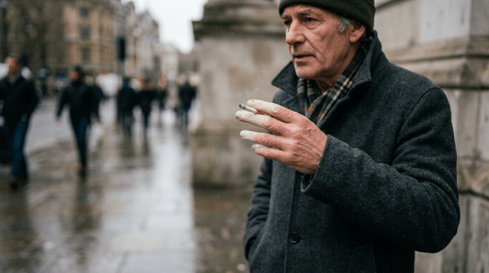 Older man wearing a dark coat and hat smoking a cigarette on a rainy city sidewalk