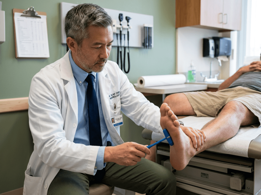 Male doctor performs Babinski test on sole