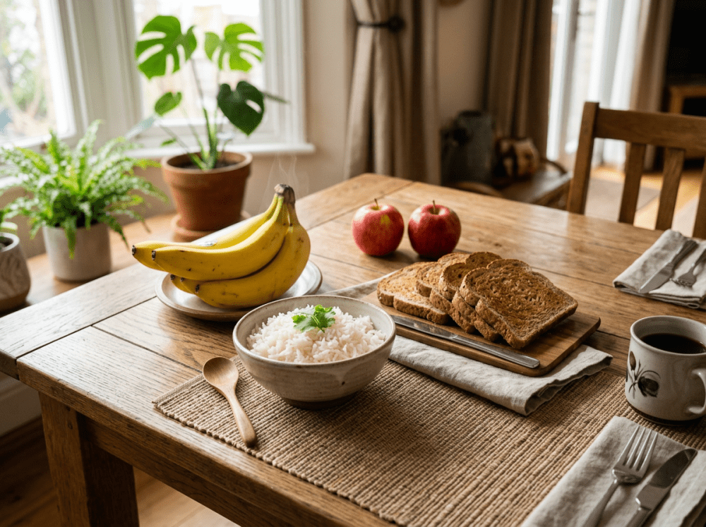 Fotografie de tip aranjament culinar care prezintă cele patru alimente de bază din dieta BRAT când ai grețuri la stomac banane coapte, orez alb fiert simplu, piure de mere și felii de pâine prăjită.