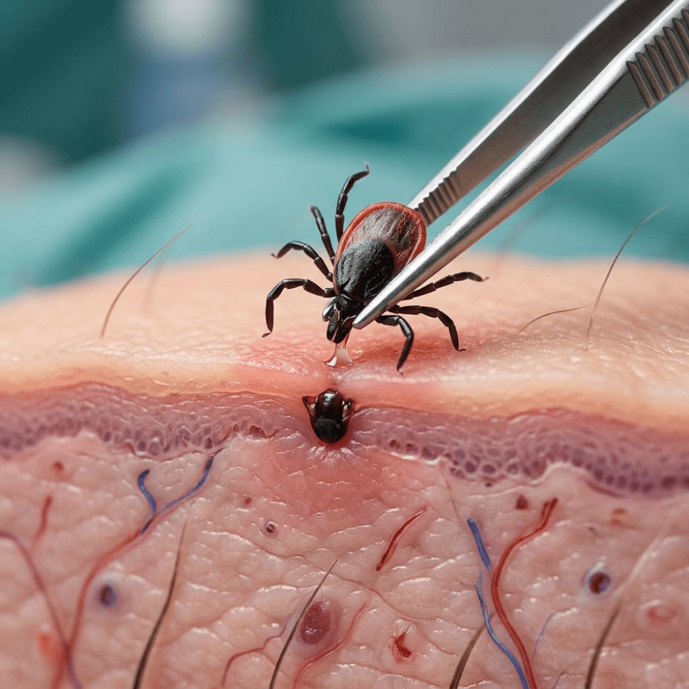Tick attached to human skin being carefully removed with tweezers