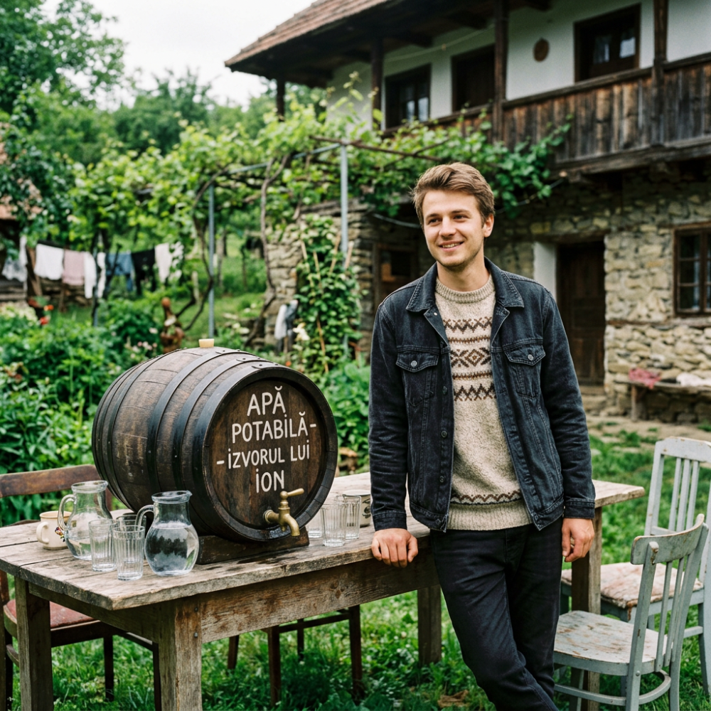 Young man in sweater and jacket next to wooden barrel labeled 'Apă Potabilă Izvorul lui Ion' outdoors