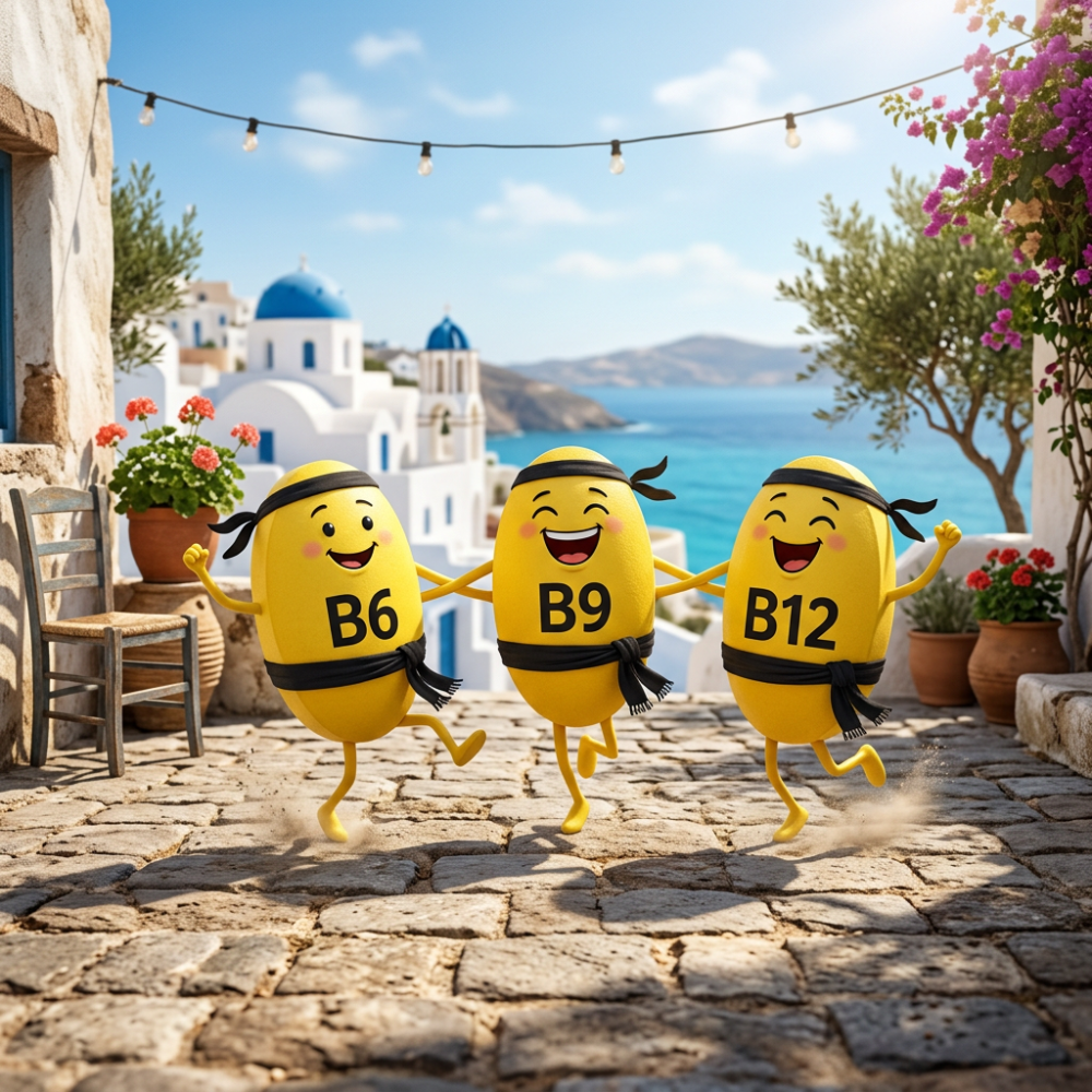 Three yellow pills dancing Zorba labeled B6 B9 B12