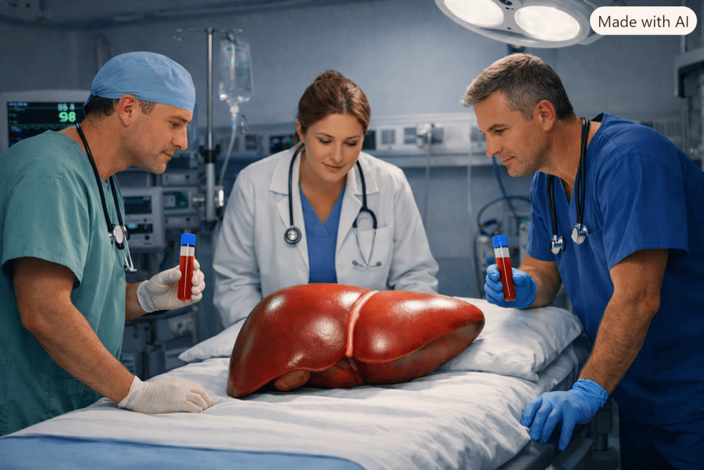 Echipă medicală într-un spital analizând eprubete cu sânge lângă o machetă mare de ficat uman, ilustrând procesul de interpretare a analize de ficattransaminaze ALAT, ASAT și GGT.