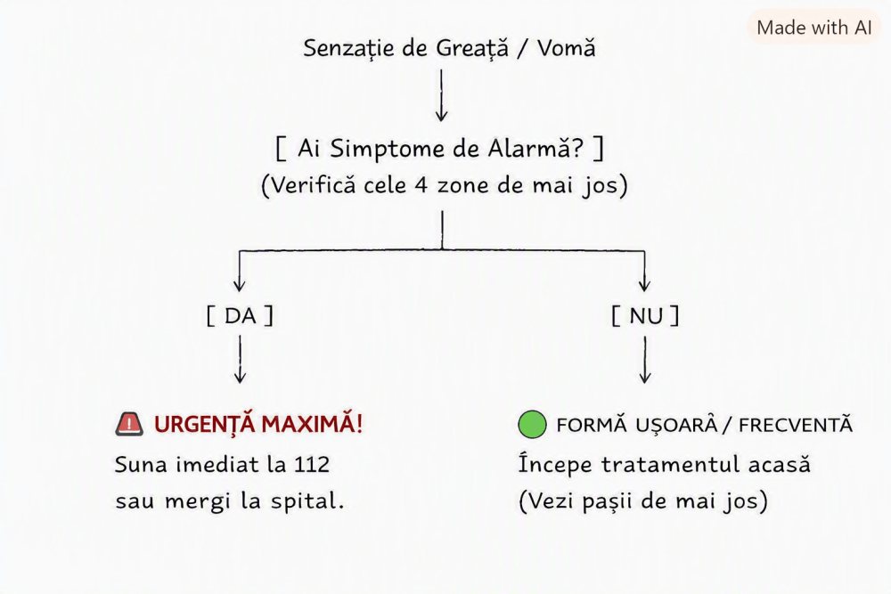 Diagramă de triaj medical sub formă de schemă logică care împarte simptomele de greață în urgență maximă de cod roșu 112 și formă ușoară cu tratament acasă Atașata articolului despre greață cauze