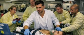 Imaginea de antet a blogului DrWeather numit Vremea pe malurile Styxului, ilustrând un medic urgentist în halat alb și scrubs alb coordonând o echipă medicală în CPU în timpul triajului unui pacient inconștient
