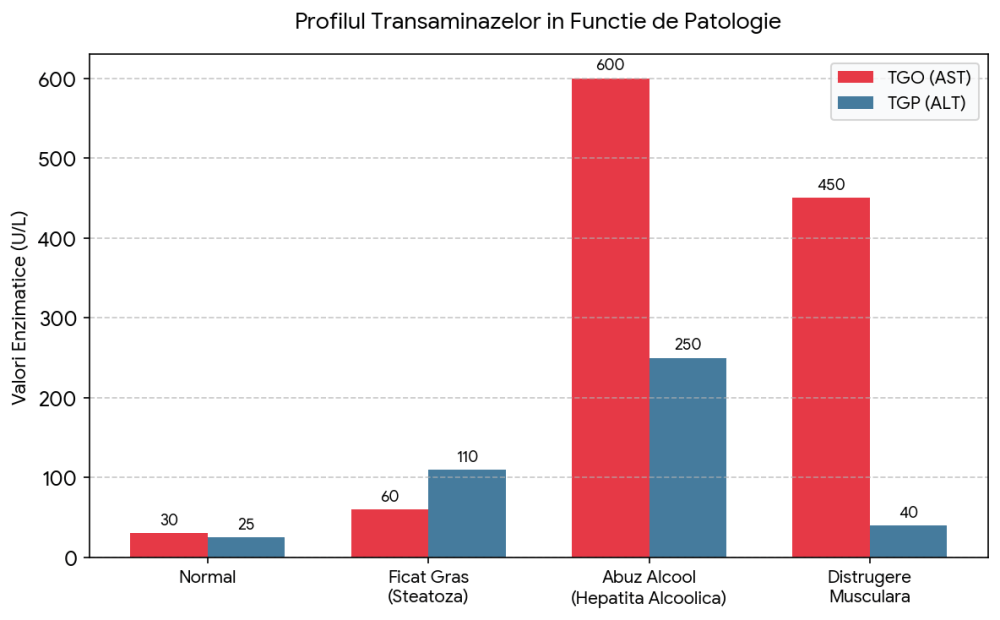 Un grafic cu bare care arată profilul transaminazelor TGO și TGP în unități pe litru pentru patru situații: Normal (TGO 30, TGP 25), Ficat Gras sau Steatoză (TGO 60, TGP 110), Abuz de Alcool sau Hepatită Alcoolică (TGO 600, TGP 250) și Distrugere Musculară (TGO 450, TGP 40).