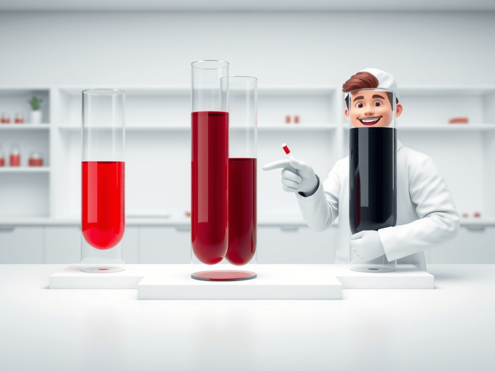 infografic medical 3d cu un medic urgentist care explica trei nuante de sange in eprubete de laborator rosu visiniu si negru