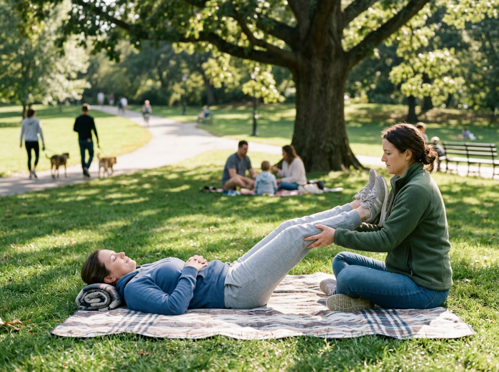 Person lying back, helper elevating legs, park