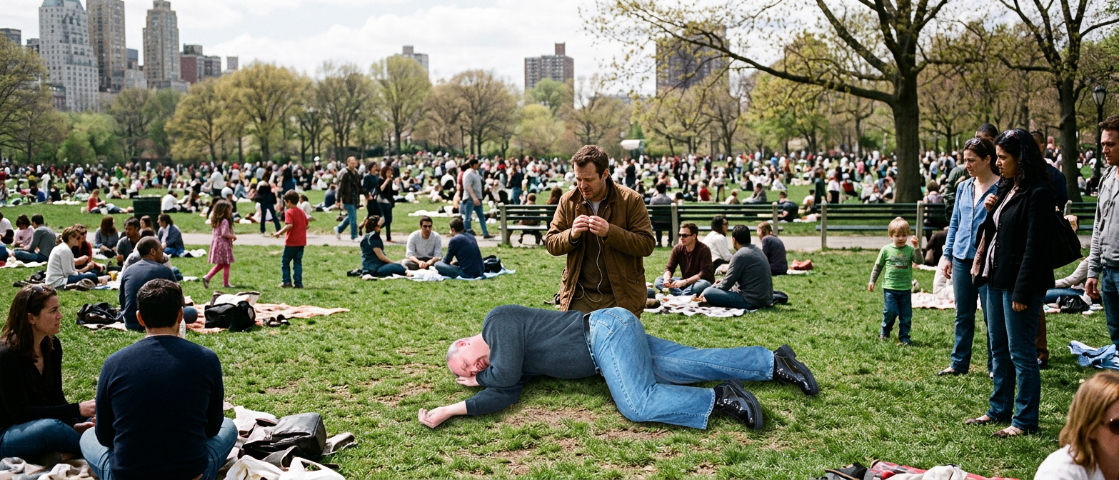 Crowd of people sitting and walking in a city park with a man lying on the grass and another standing nearby
