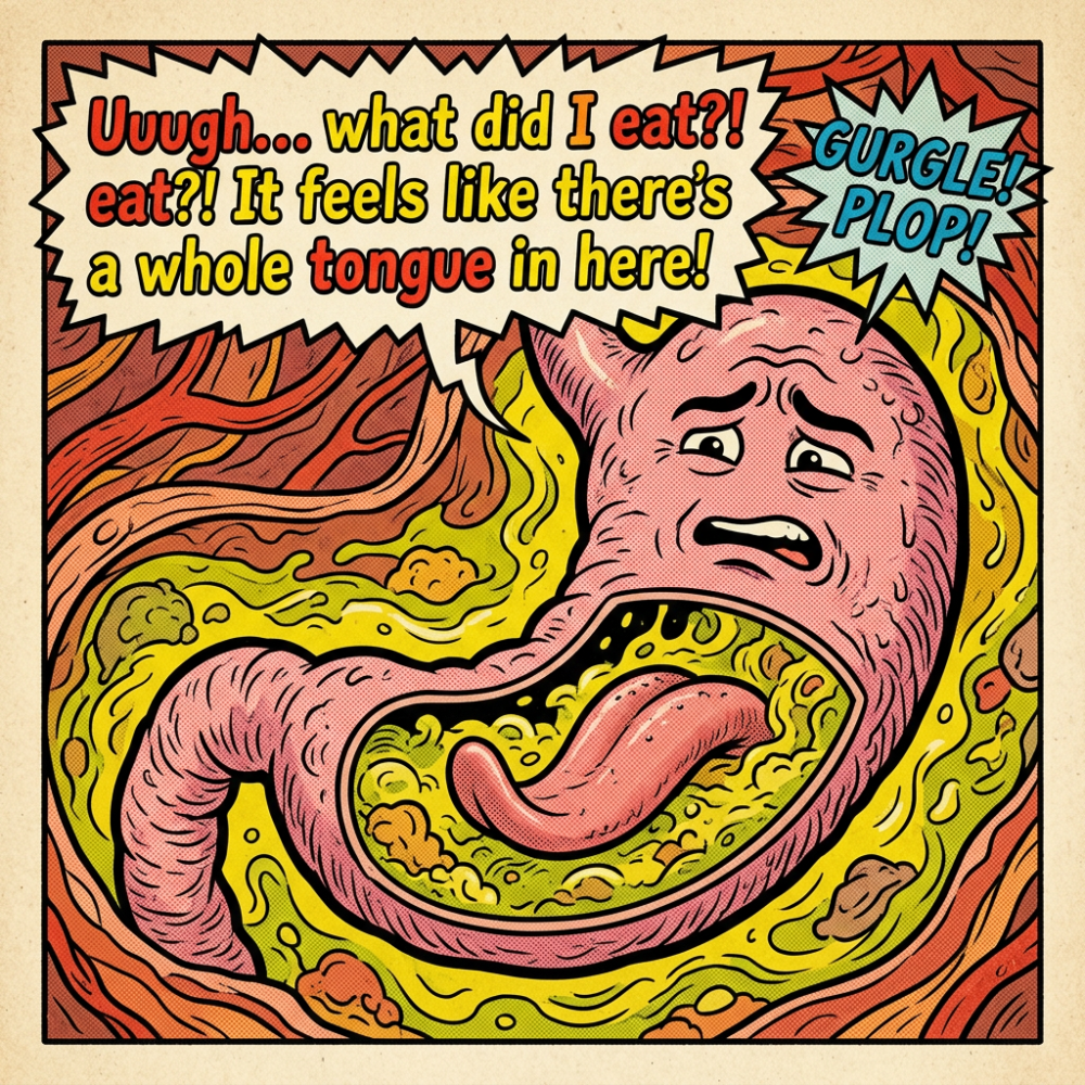 Stomach containing a swallowed human tongue