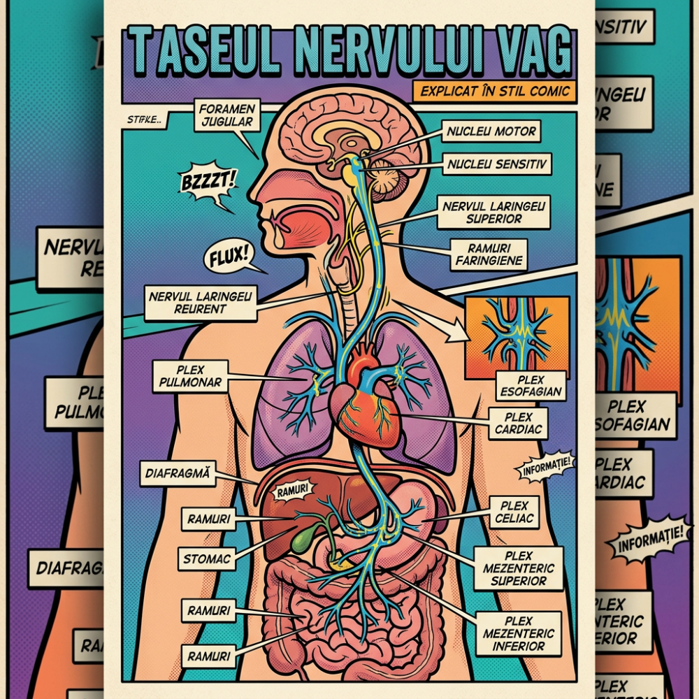 Diagramă medicală ce arată traseul nervului vag, de la creier la stomac 