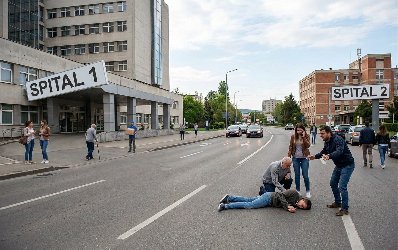 Man lying unconscious on road beside bicycle with three people attending and buildings labeled Spital 1 and Spital 2 in the background