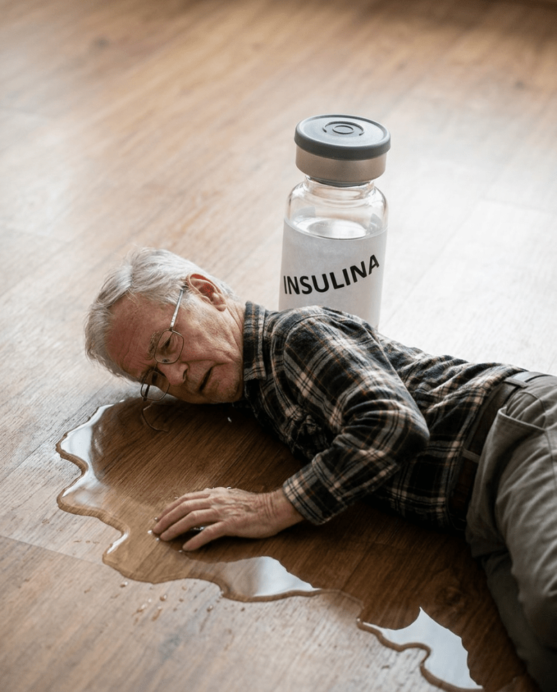 wp-17860358771437686040351357296481 ilustratie amuzanta cu un bolnav diabetic în coma hipoglicemică intr-o balta de sudoare avand flacoane de insulina langa el