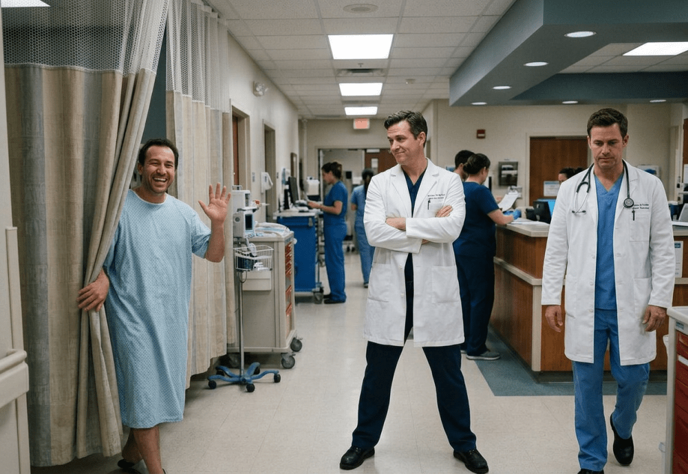 Hospital staff with patient interaction ilustratie conceptuala amuzanta cu un pacient in halat de spital care face cu mana de dupa paravan pe holul triajului medical