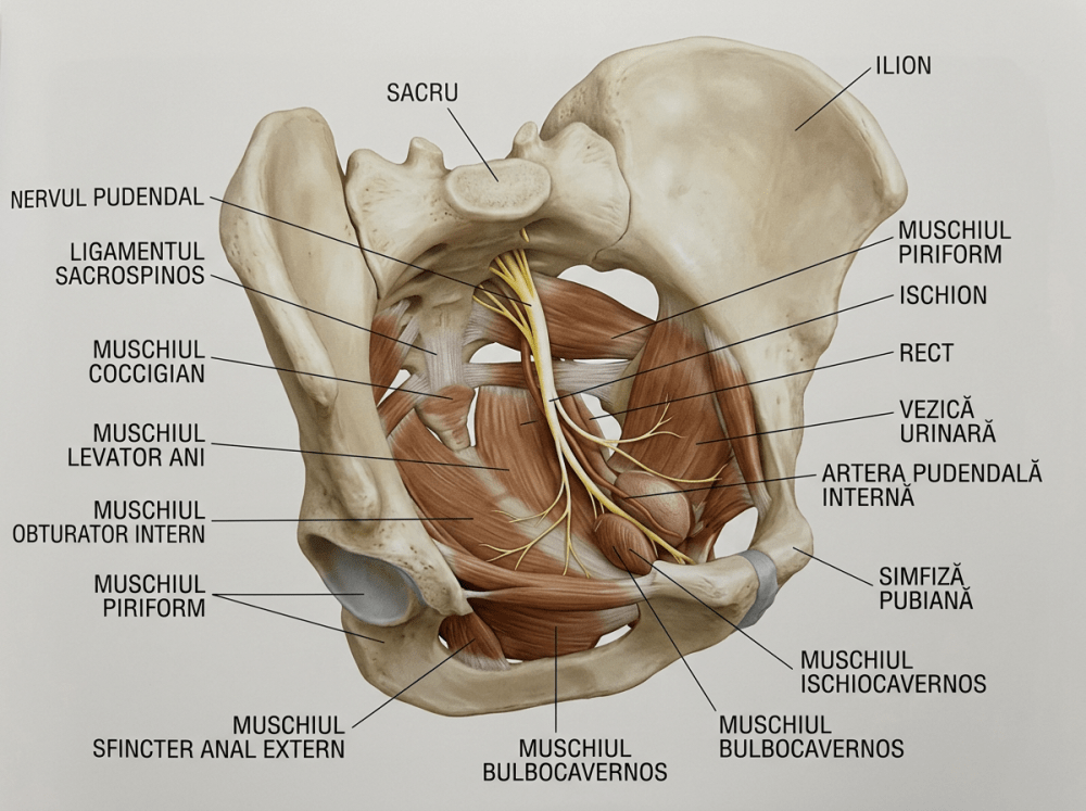 diagramă anatomică cu mușchii planșeului pelvin și traseul nervului pudendal marcat cu galben în limba română