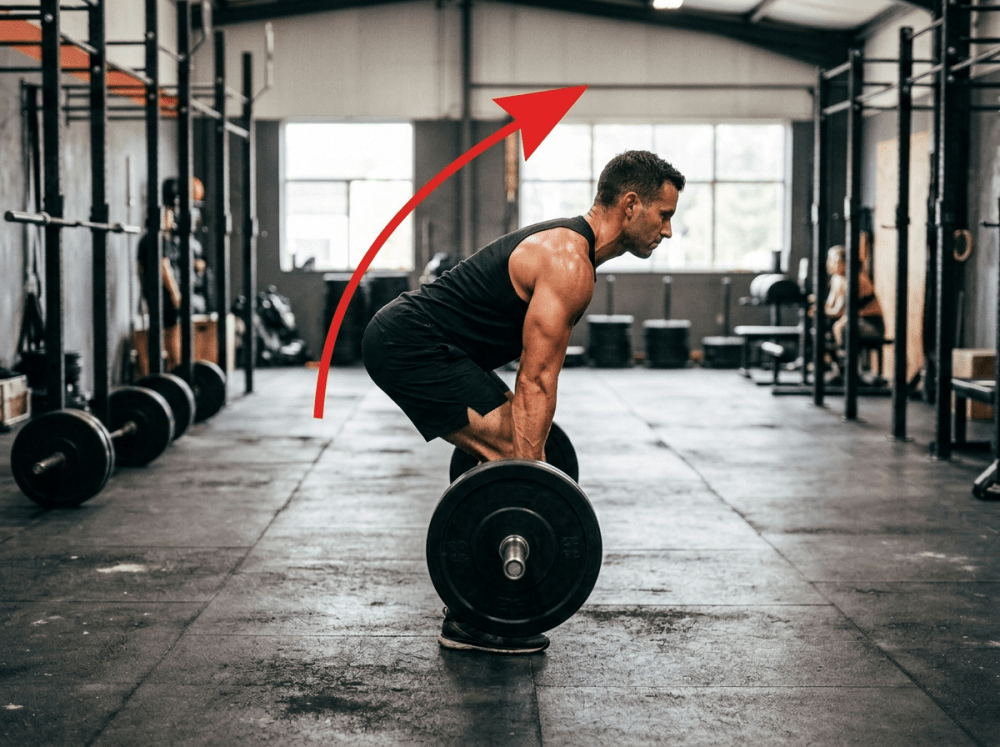 Proper deadlift form demonstration bărbat care execută îndreptări cu o halteră cu greutăți mari provocând contracția mușchilor core abdominali