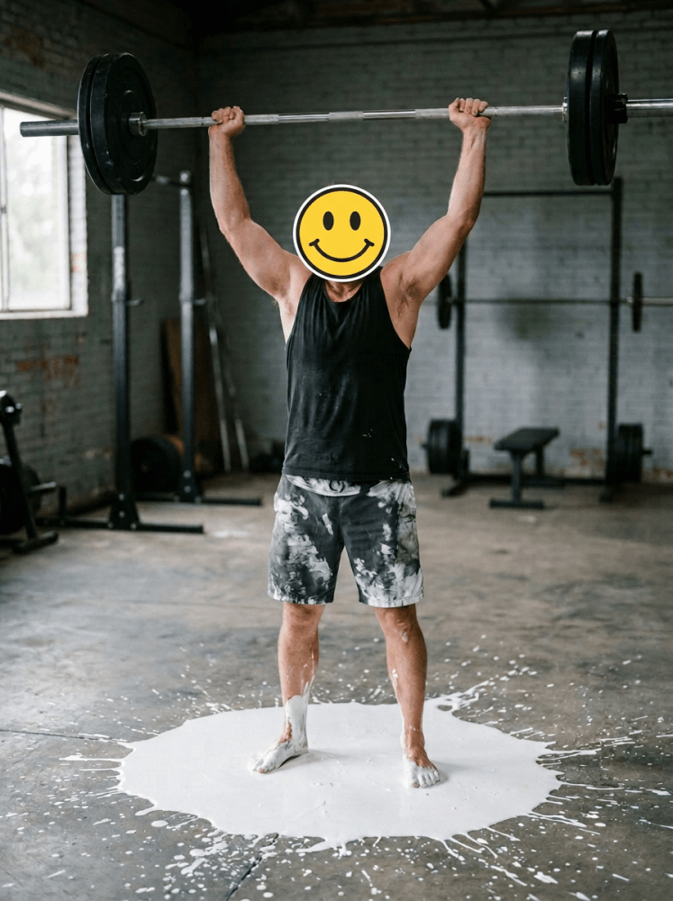 Man overhead barbell standing in white paint puddle bărbat la sala de forță care experimentează o descărcare musculară intensă în timpul unui exercițiu pentru umeri = coregasmul