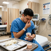 Pacient care aplica manevra Trotter pentru oprirea unei sangerari nazale sau epistaxis