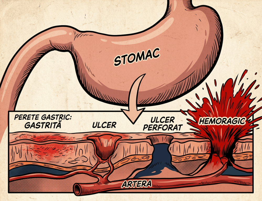 Grafic medical aratand evolutia leziunilor gastrice de la gastrita si ulcer simplu pana la ulcer perforat si ulcer hemoragic