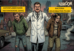 Ilustratie stil banda desenata aratand principalii vinovati pentru ulcerul gastric antiinflamatoarele nesteroidiene ains si bacteria helicobacter pylori