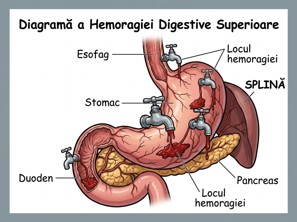 Diagrama anatomica in limba romana aratand sursele de sangerare in caz de hemoragie digestiva superioara sau hds