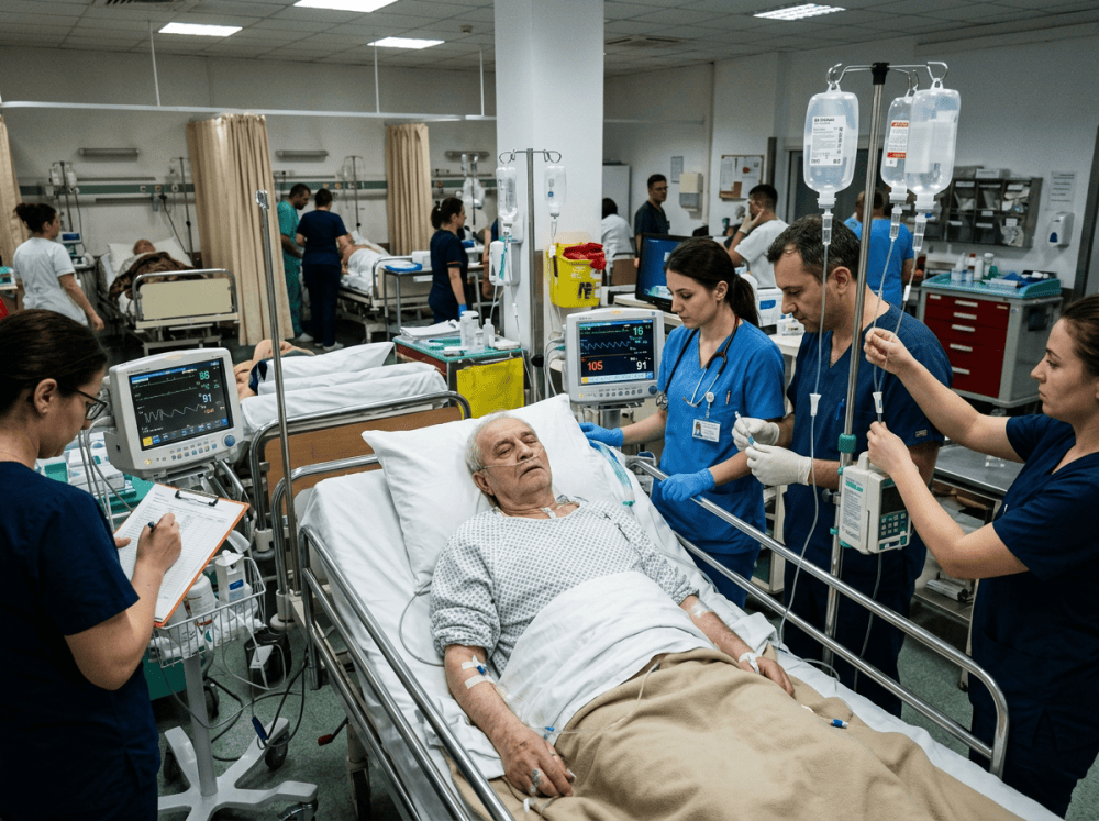 Pacient întins pe o targă de spital într-o unitate de primiri urgențe, monitorizat de medici și având montate linii pentru perfuzii.