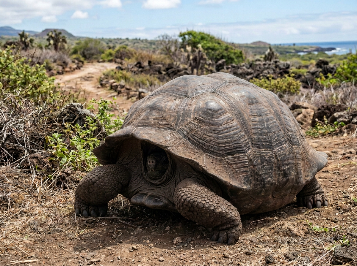 Galápagos giant tortoise walking on dry ground with sparse vegetation and distant hills