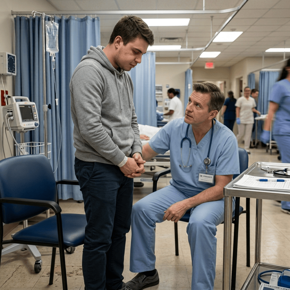 Nurse comforts anxious patient in hospital treatment area