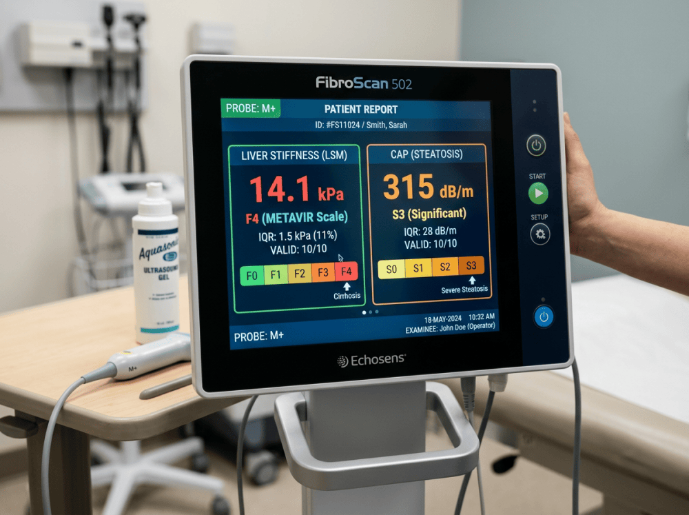 FibroScan 502 patient report for Smith, Sarah: liver stiffness 14.1 kPa, F4 METAVIR, and CAP 315 dB/m, S3 significant steatosis.