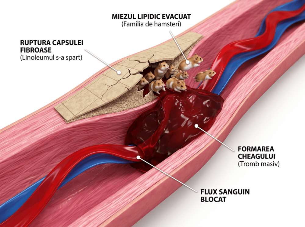 Secțiune de vas cu șoareci și etichete: „Miezul lipidic evacuat (Familia de hamsteri)”, „Ruptura capsulei fibroase (Linoleumul s-a spart)”, „Formarea cheagului (Tromb masiv)” și „Flux sanguin blocat”.
