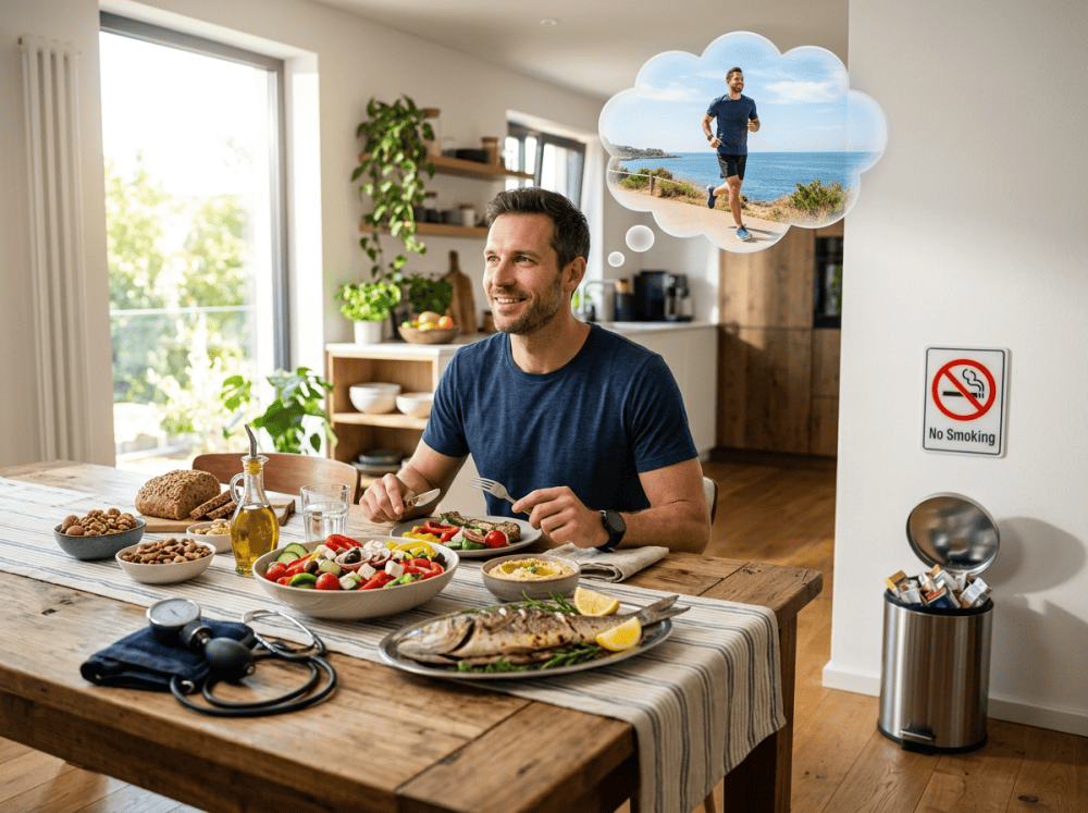 Man eating a healthy meal beside a No Smoking sign, with seaside running thought bubble