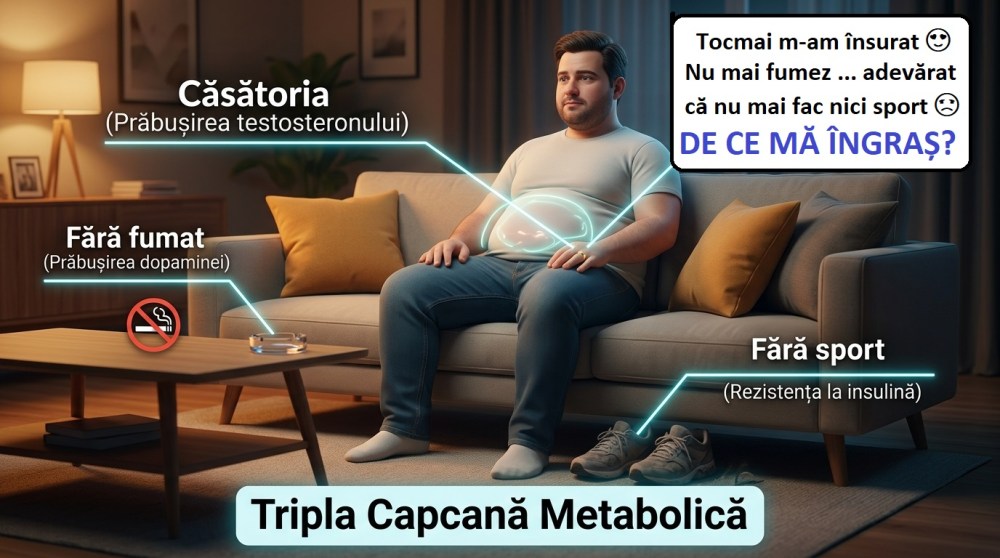 Infografic medical si satira 3D reprezentand tripla capcana metabolica la barbati prin lasatul de fumat, oprirea sportului si casatorie. Și răspunsulla întrebrea De ce mă îngraș ?