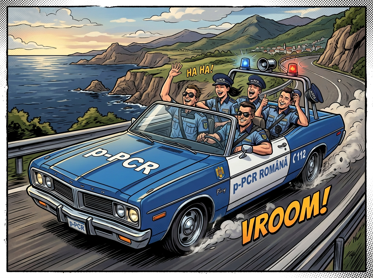 Comic-style Romanian police car with five officers, coastal road, text POLITIA, POLIȚIA ROMÂNĂ, C 112, HA HA!, and VROOM!