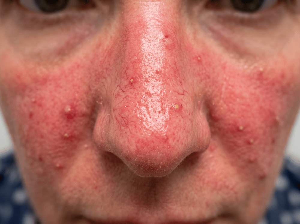Fotografie macro dermatologica cu acnee rozacee papulopustuloasa pe nas si obraji cu telangiectazii si pustule.