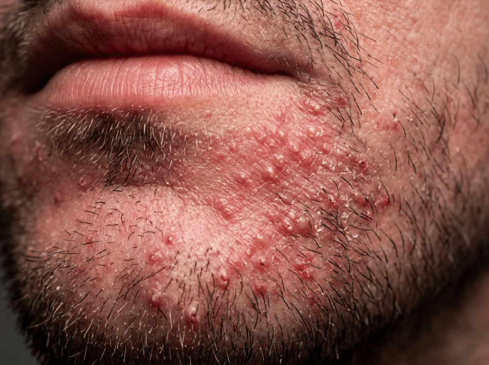 Fotografie macro dermatologica cu foliculita si dermatita periorala in zona barbii cu papule inflamatorii.